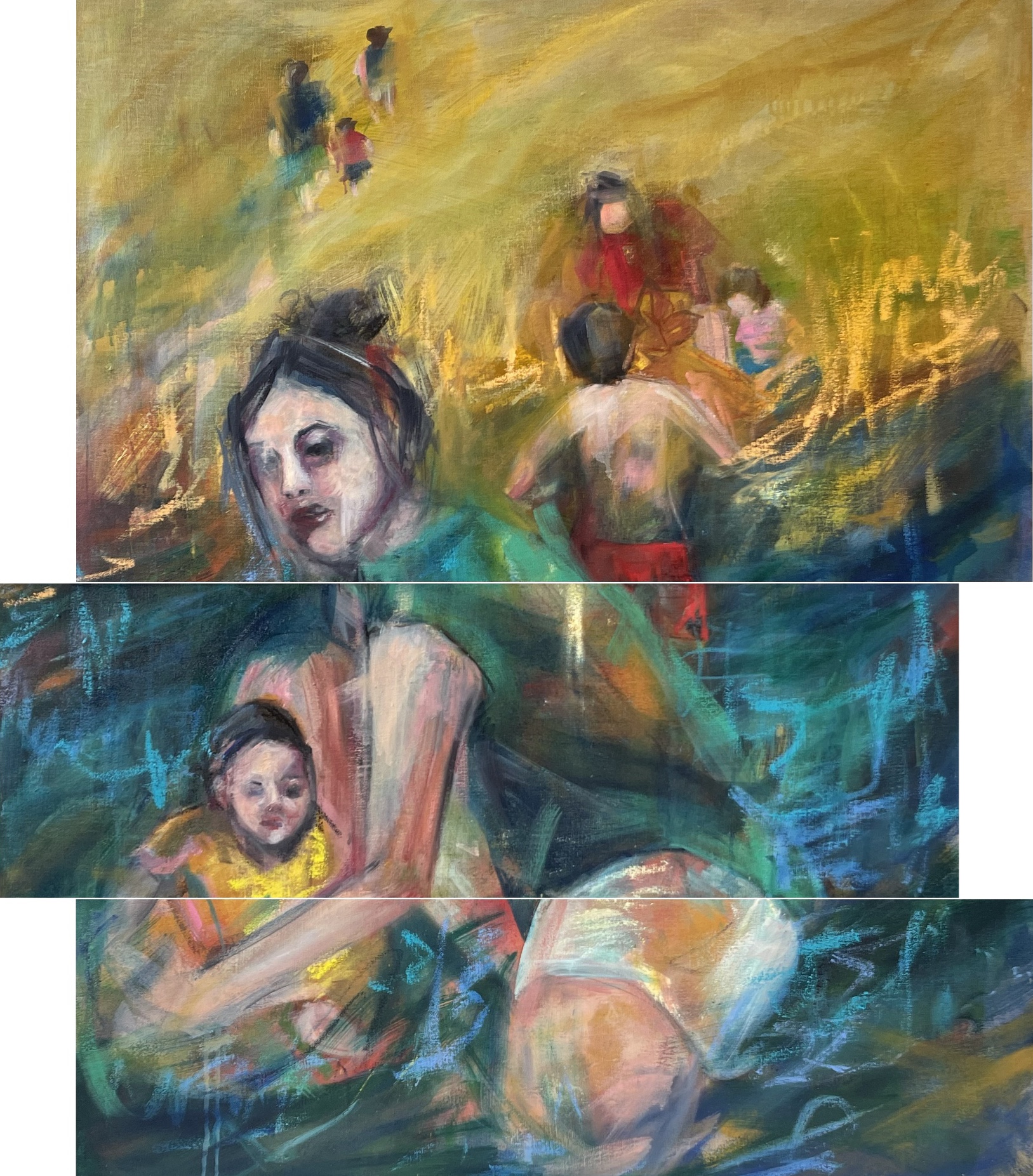 woman, baby, Meimi Triptych, Mixed media on linen, painting, Megha Nema